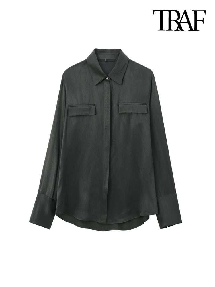TRAF-Satin Shirts with Pockets for Women Long Sleeve Button-up Female Blouses Chic Tops Fashion 250303