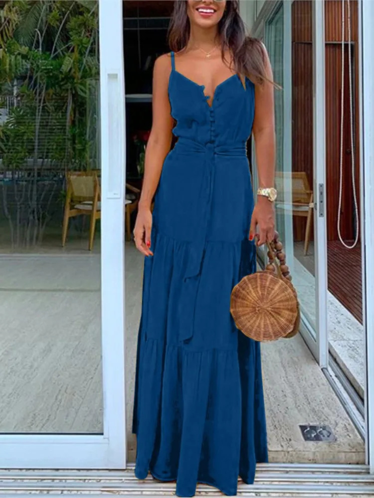 Womens Summer Spaghetti Strap Long Dress Bohemian Style Sleeveless V-neck Elegant Lady Dresses Casual Maxi Beach Party Vestidos 250303 C260312