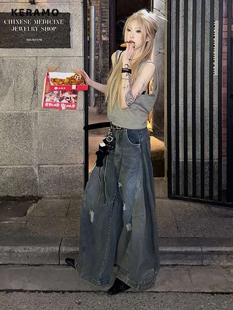 American Retro Oversized High Waist Jeans For Women Casual Grunge Baggy Pocket Y2k Pants Wide Leg Streetwear Solid Denim Trouser
