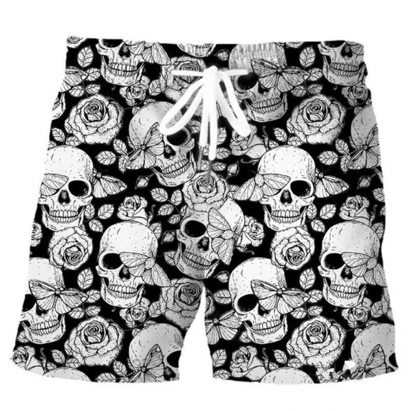 New Mens Skull 3D Print Beach Shorts Graphic Mens Casual Sports Shorts Summer Surfing Shorts Breathable Shorts Hip Hop PantsT250304