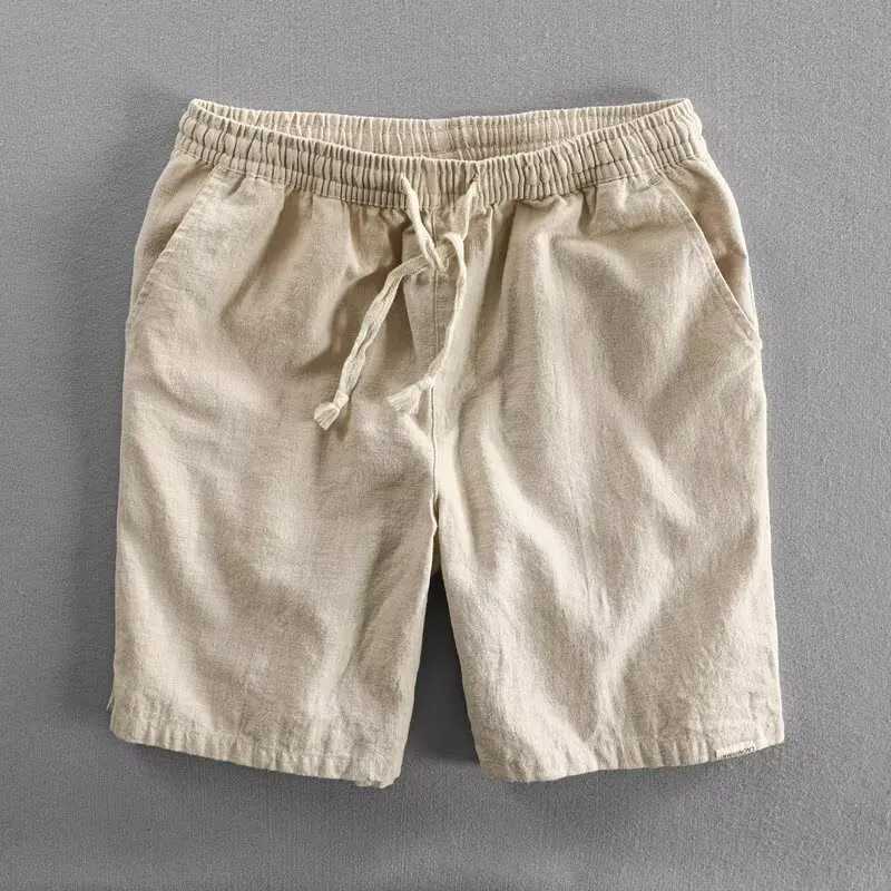 2025 Summer Men Casual Cotton Linen Shorts Knee Length Beach Elastic Waist Shorts Solid Color Comfortable Pants NewT250304