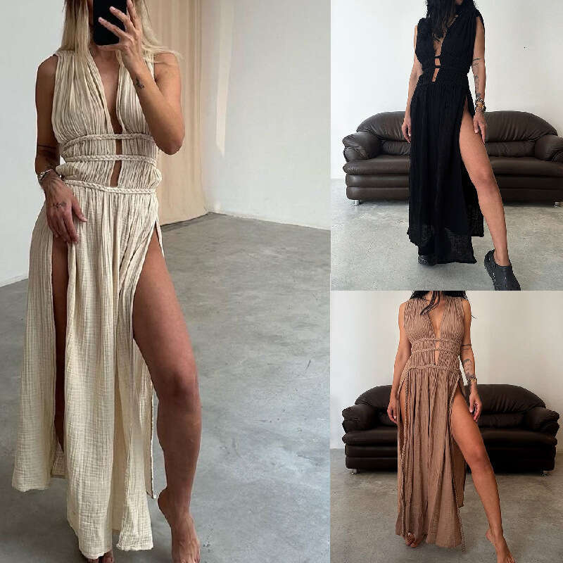Bohemian style en blend sleeveless braided belt with hollowed out slit long skirt, 2025 new casual fashion trend clothing