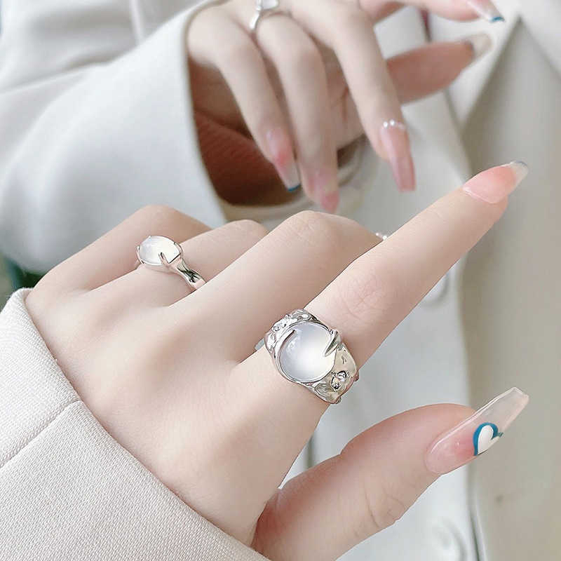 Couple Rings Minority design sense moonlight stone advanced sense diamond inlaid zircon French Open index finger ins cool wind ring H25303