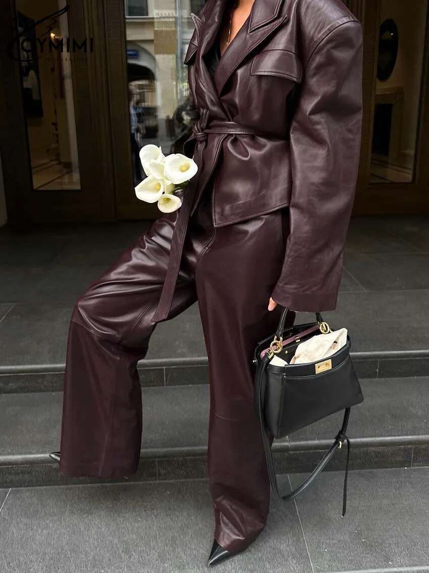 Vintage Wine Red Pu Leather Womens 2 Piece Outfit Elegant Long Sleeve Lace-Up Shirts And Straight Simple Trousers Set