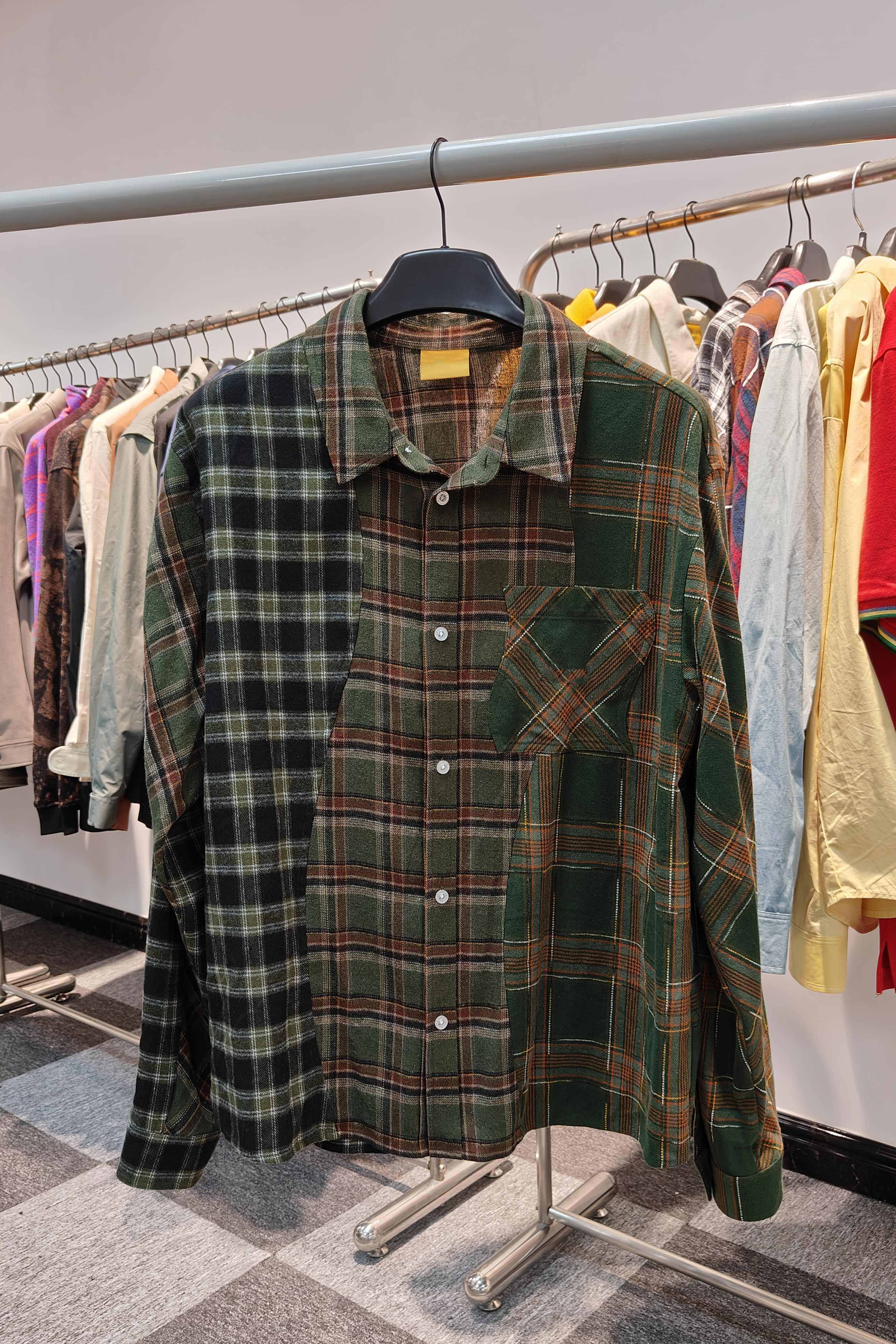 Men's Green Triple Plaid Shirt Cotton flannel shirt Button closure Logo embroidered at patch pocket Unisex Street Wear