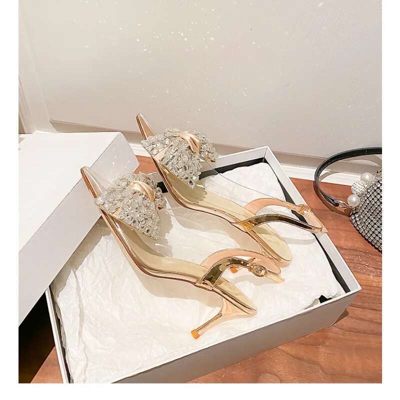 New Pointed Toe Stiletto PVC Rhie Bow Decoration Fashion Ladies Shoes Sexy Elegant Wedding Banquet Party High Heels