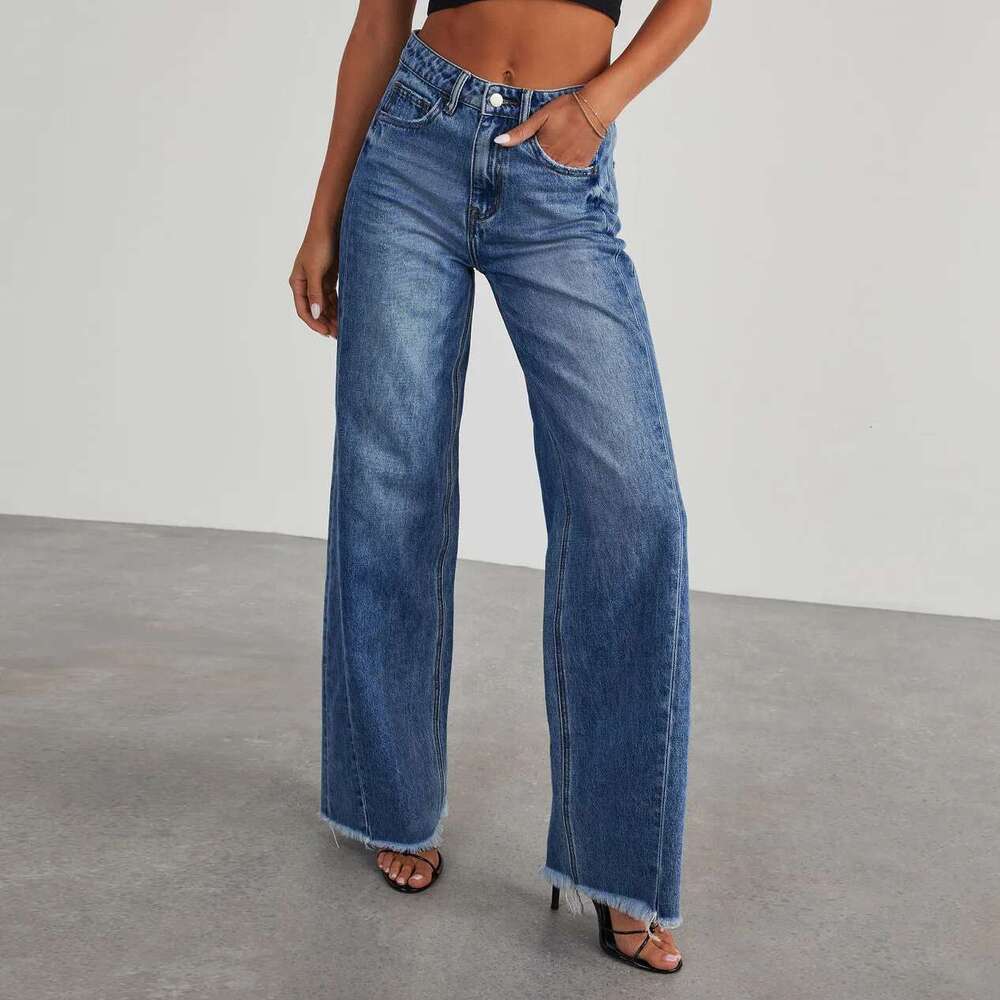 Women's Denim High Waist Fashion Wide Leg Cotton Trousers Autumn Tide Straight Pants De Mujer Frayed Hem Jeans