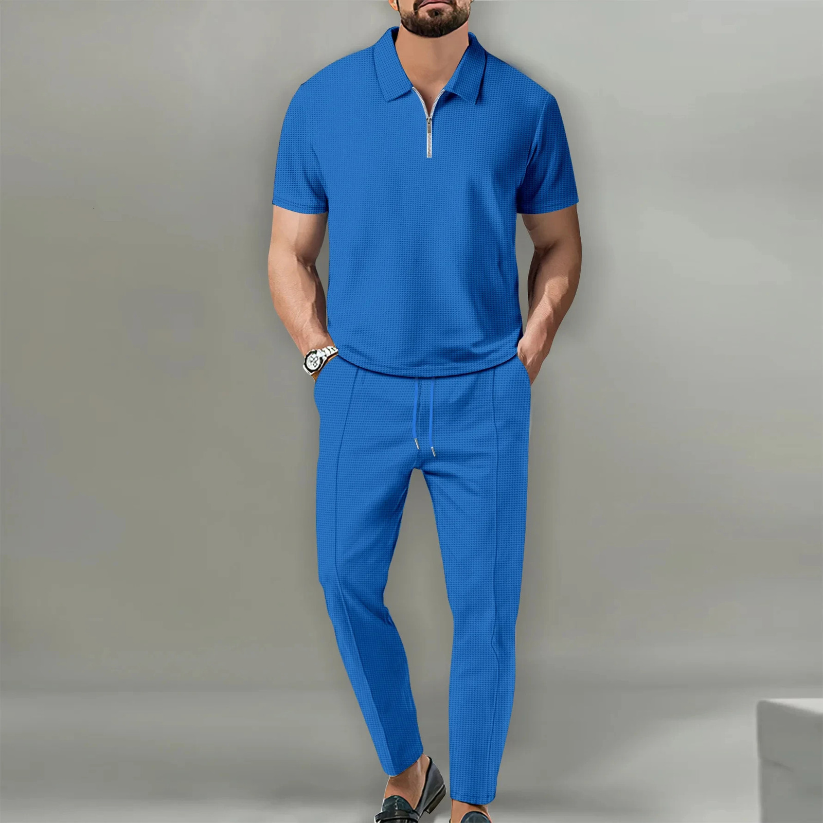 spring European and American foreign trade mens solid color suit Waffle collar short-sleeved zipper pants suit 250303