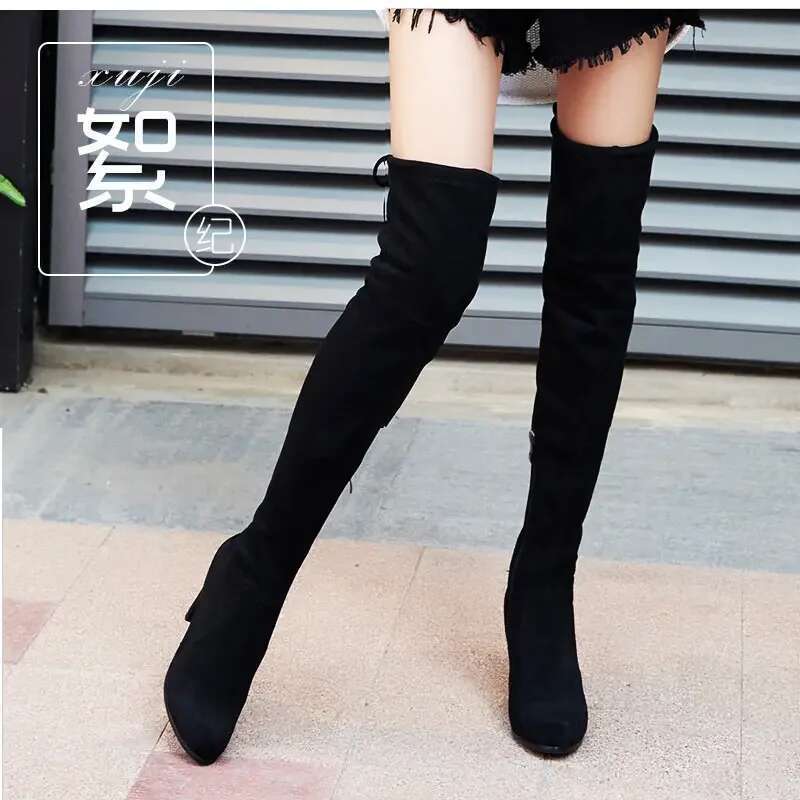 2025 OVERThe Winter Knee Women Stretch Fabrics High Heel Slip on Shoes Pointed Toe Woman Long Boots Size Plus Size34-43