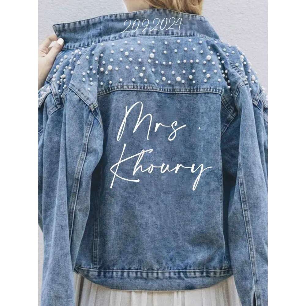 PERSONALIZED Statement Denim Bridal Name Pearl Detaig MRS Jacket Custom Date Placement On Collar Bride Gift New