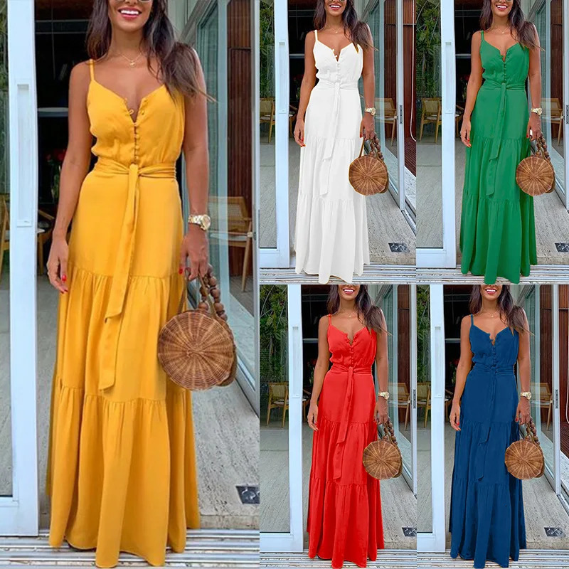Womens Summer Spaghetti Strap Long Dress Bohemian Style Sleeveless V-neck Elegant Lady Dresses Casual Maxi Beach Party Vestidos 250303 C260312