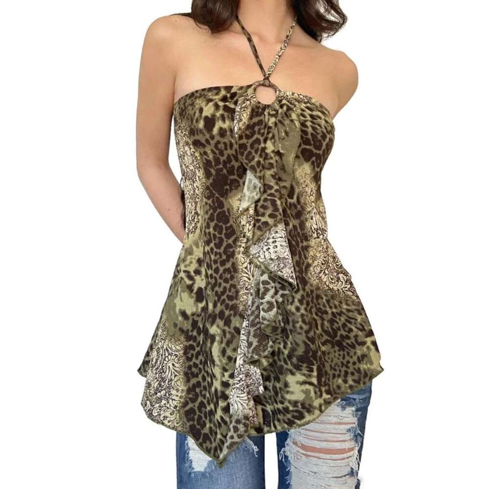 Vintage Halter Rockmore Neck Leopard Slip Top Summer Ruffled Hem Camis Vest Women's Fashion Tank Tops Aesthetic Chic Y2k Clothes