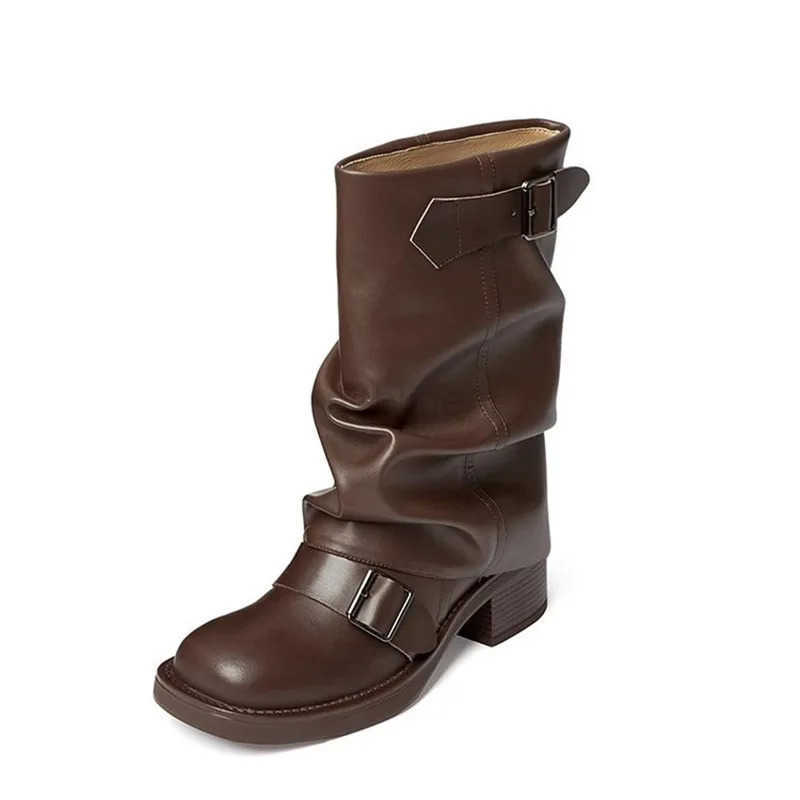 2024 Fion Round Toe Ladies Elegant Pipe Short Boot Shoes Wens Footwear Heeled Cfortable Winter New Wan Biker Boots Z250304