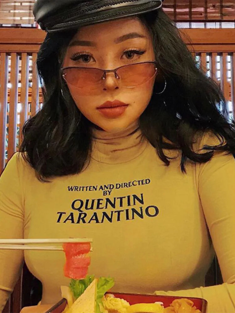 Fashion Quentin Tarantino Sexy Crop Tops Women Side Stripe Long Sleeve Turtleneck Cotton Knitted Short tshirt Lady 250303