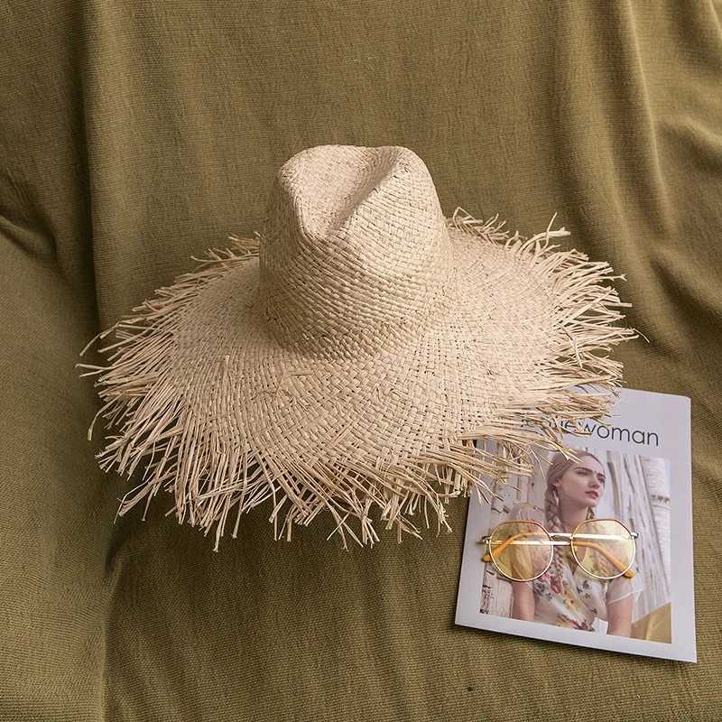 2024 Handmade Big Brim Hat Oversized Tassel Burrs Women Men Str Sun Brim Hats Natural Raffia Panama Beach Summer HatXJ250304