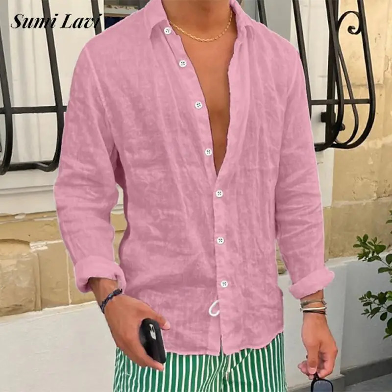 Leisure Breathable Solid Color Linen Shirt Mens Long Sleeve Button-up Turn-down Collar Casual Shirts Spring Autumn Fashion Shirt 250227