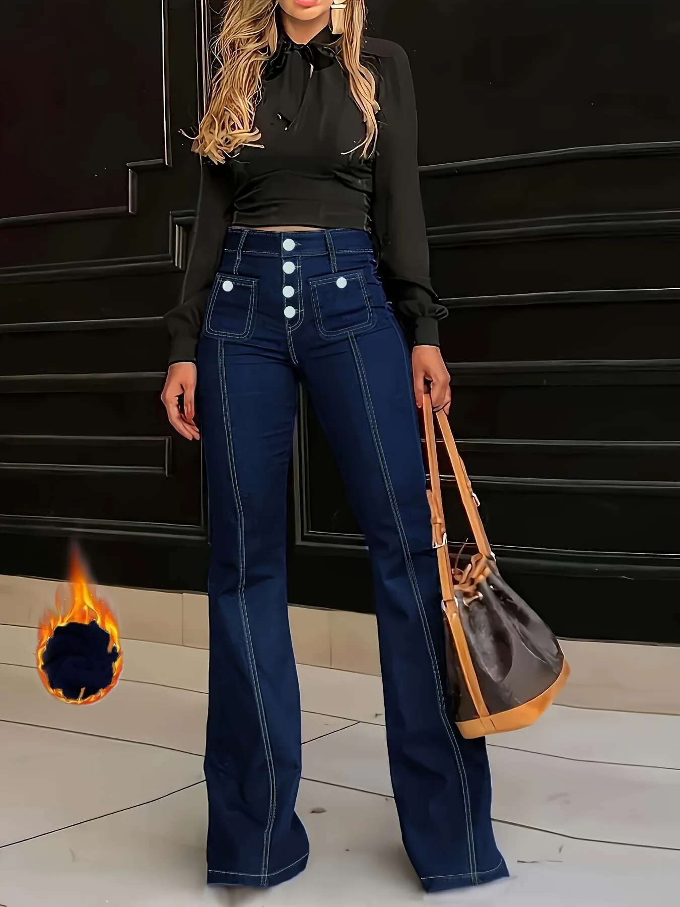 Single-Breasted Plush Ed Pintuck High Rise Stretchy Flare Leg Bell Bottom Jeans, Pants, Women's Denim Jeans & Clothing