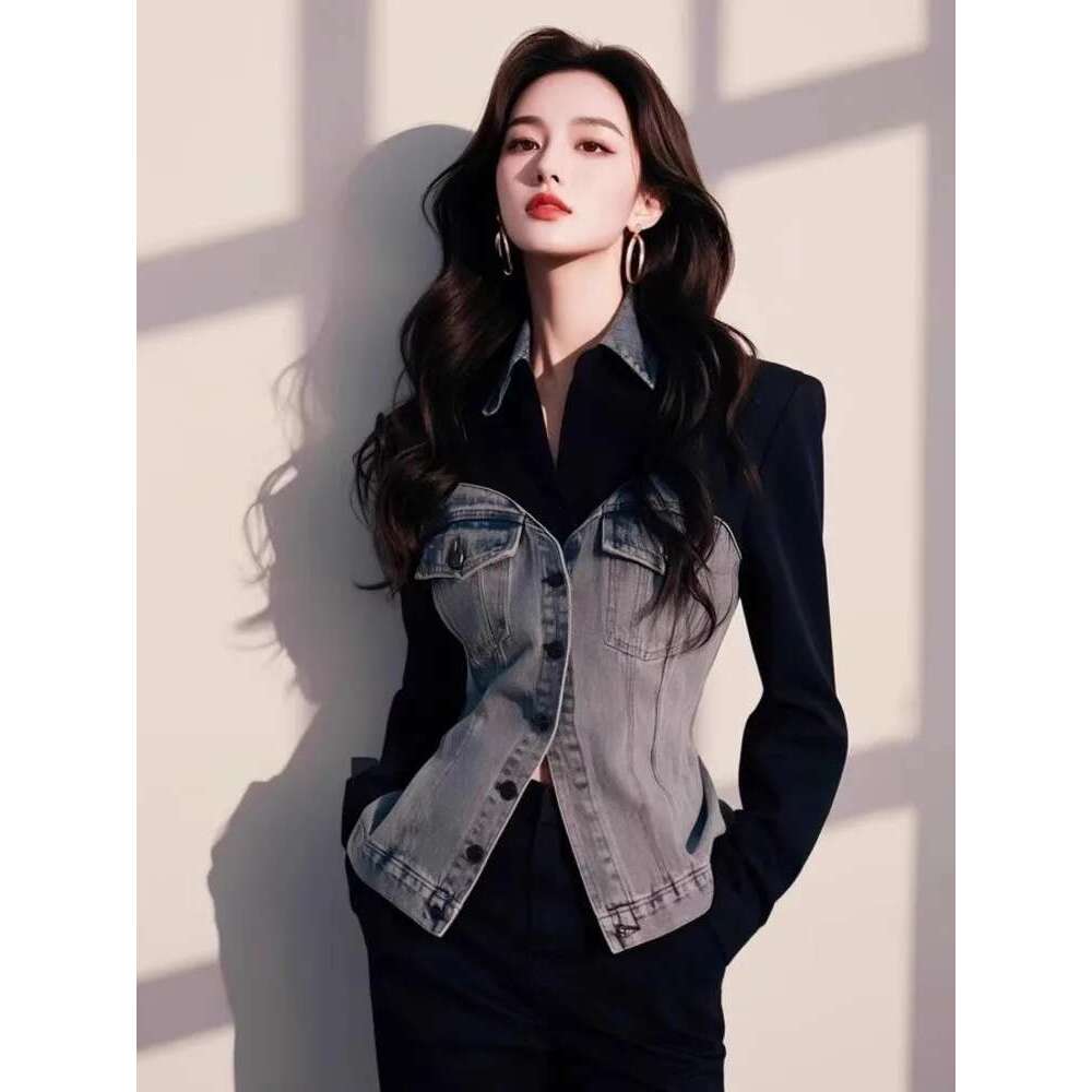 Fashion Denim Patchwork Shirt Women's Lapel Slim Single Breasted Long Sleeves Black Blouse New