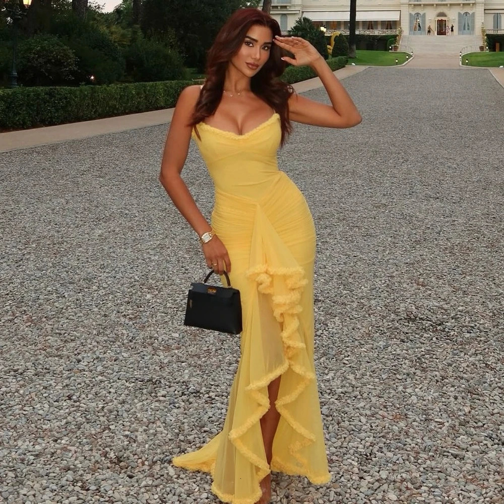 Mingmingxi Summer Birthday Party Dresses Irregular Ruffle Elegant Mesh Dress Yellow Long Dresses for Women 250303