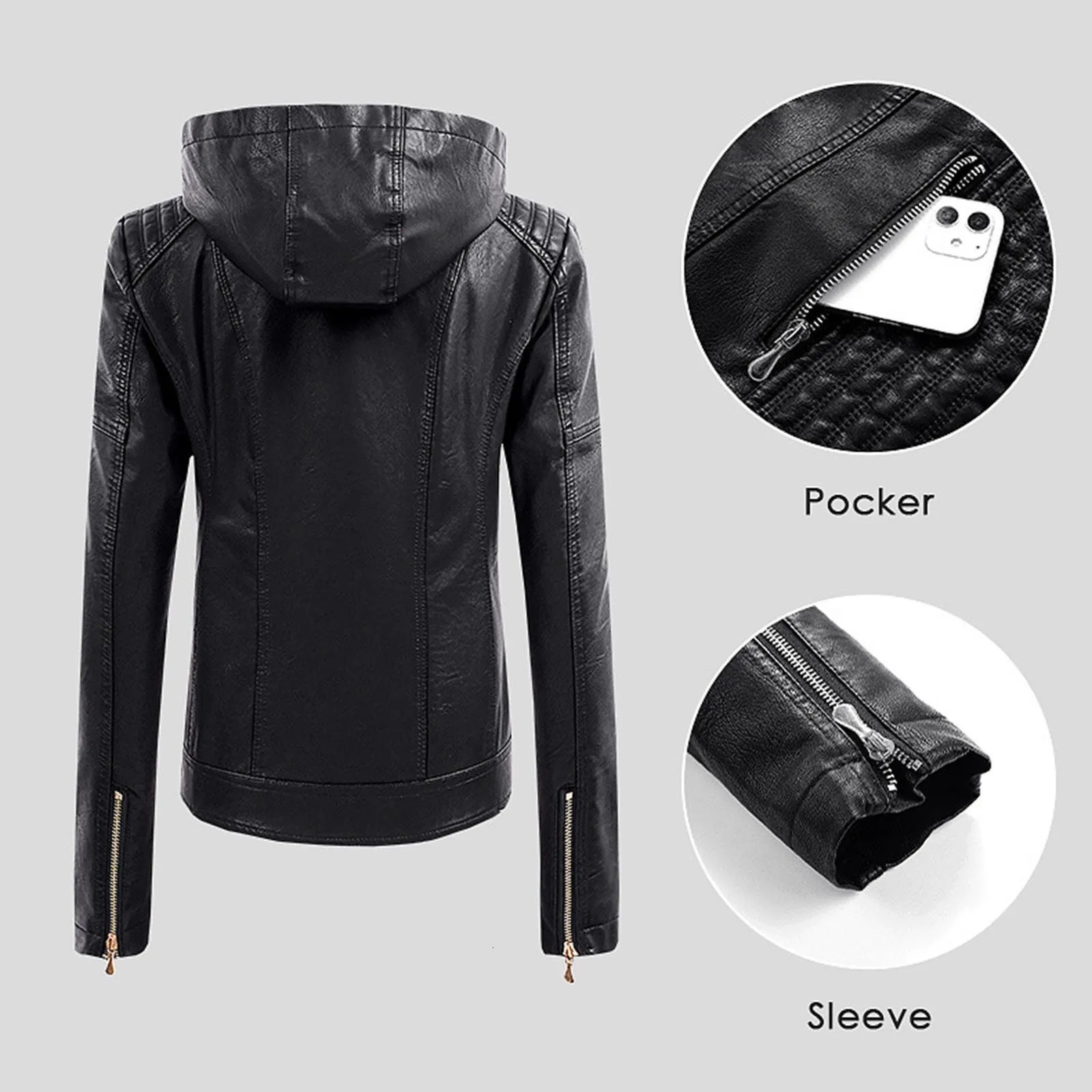 Womens long sleeved leather jacket motorcycle Pu fashionable womens with detachable hat 250226