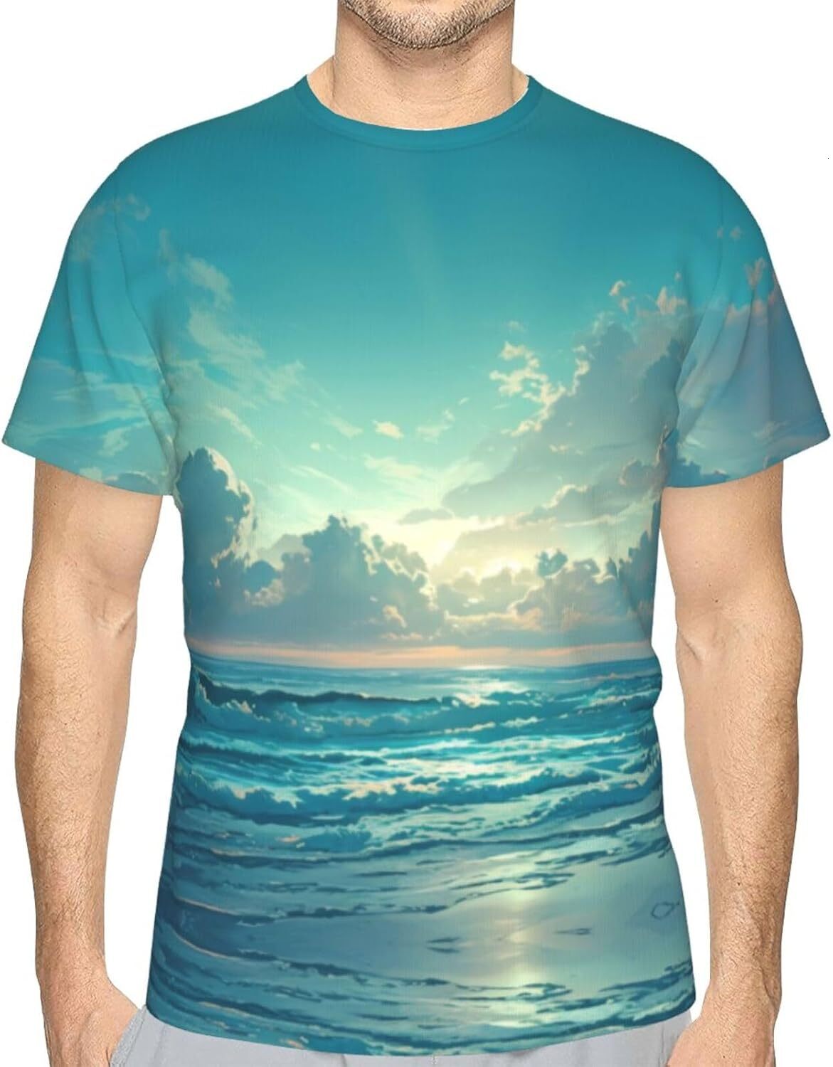 Mens T shirt Green Scenery 3D Graphic T-Shirt for Men and Women - Ocean Sky Trendy Casual Soft Comfort Crew Neck Tee tee Casual tops summer clothes