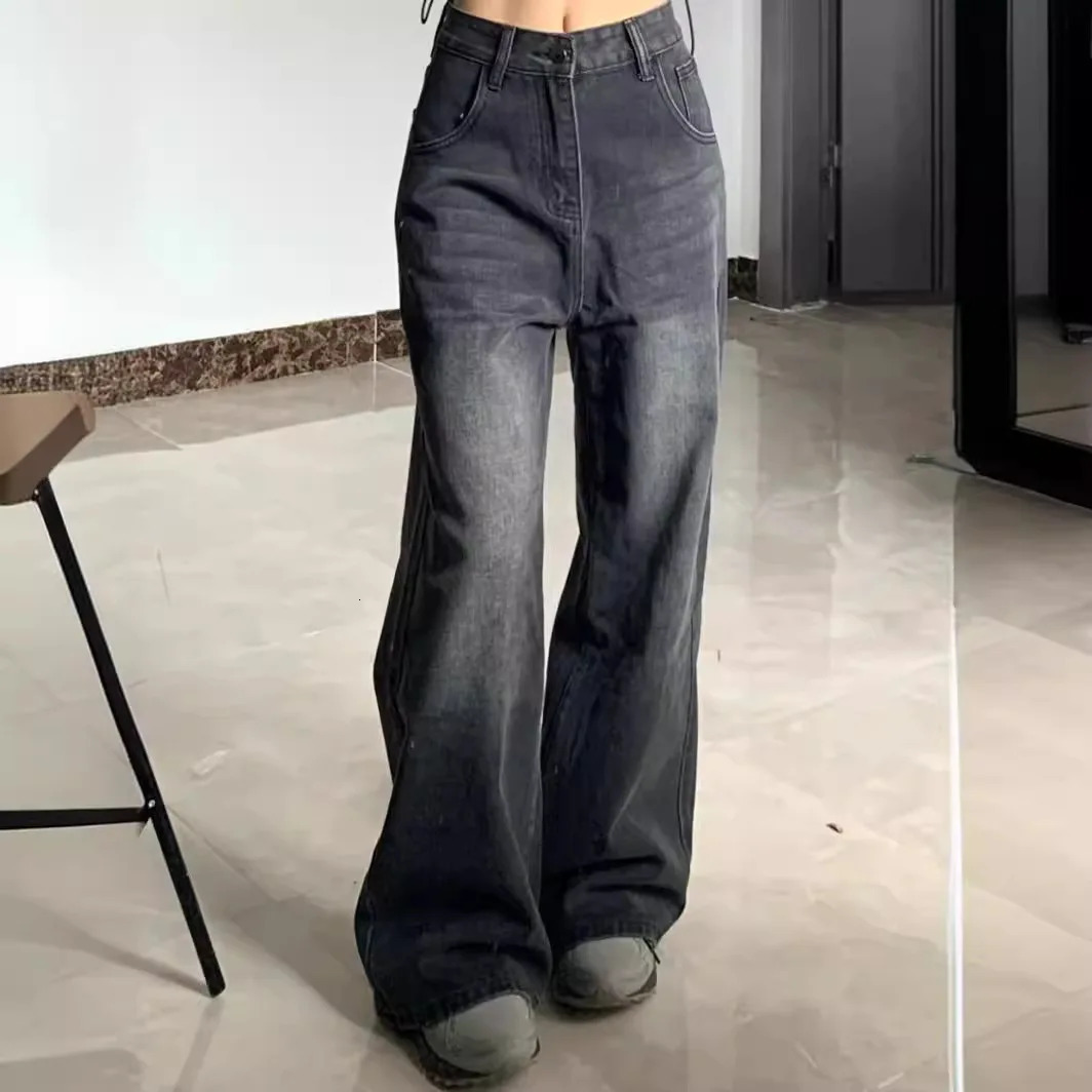 American Retro 2025 Spring and Summer Highwaist Slim Straight Wideleg Floor Pants Black Gray Jeans for Women 250227