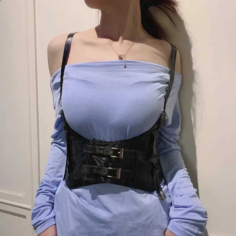 Womens Wide Belt Vintage Gothic PU Leather Underbust Corset Crop Top Solid Color Adjustable Vest Waist Belt Double Buckle CincherXJ250304