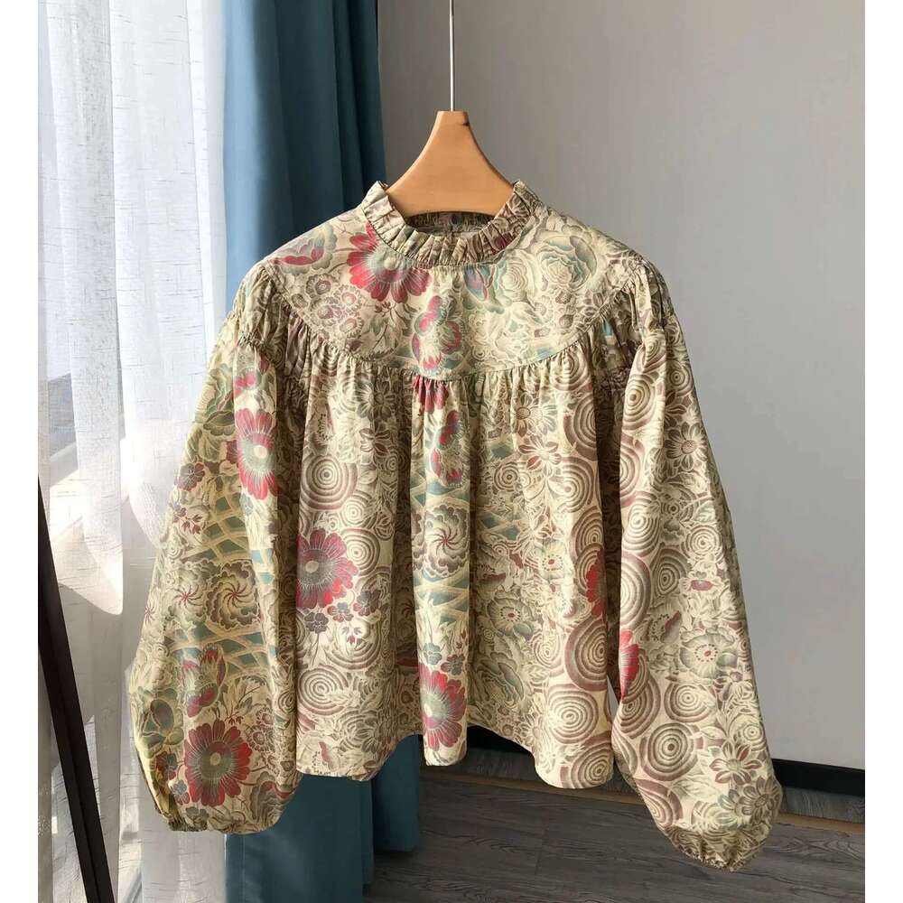2025 Autumn New Women Artistic Oil Painting Printing Big Lantern Sleeve Round Neck Blouse Shirring Long-Sleeved Shirt