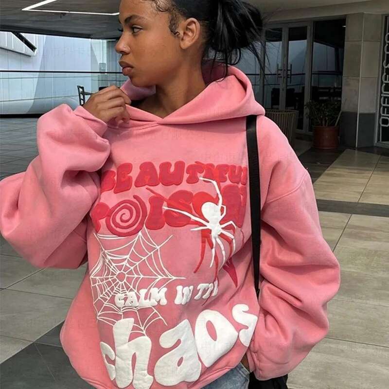 2025 Hip Hop Alphabet Spider Web Printed Hoodie Autumn/Winter Personalized Long Sleeve Men's and Women's Sweatshirt Trend