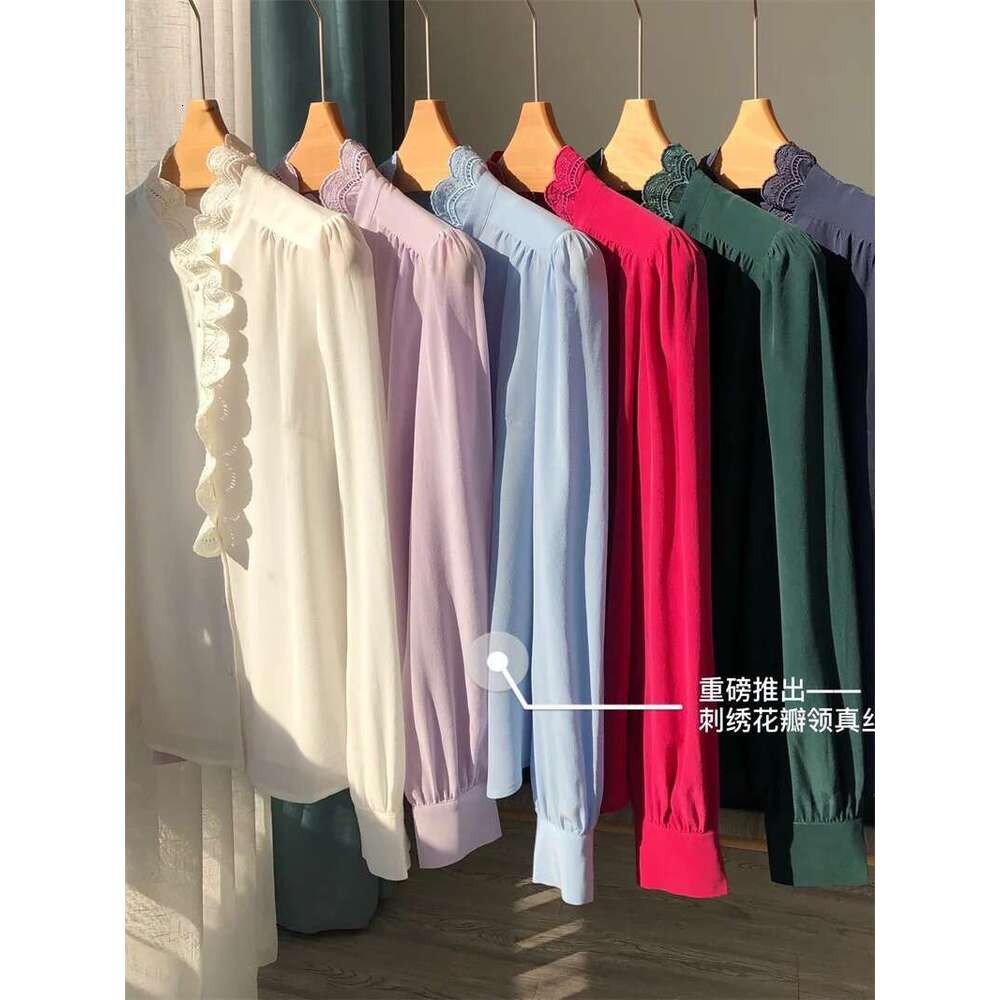 Women Lace Embroidery Collar 100% Silk Shirt Single-Breasted Top Long-Sleeved Lady Elegant Blouse Summer New
