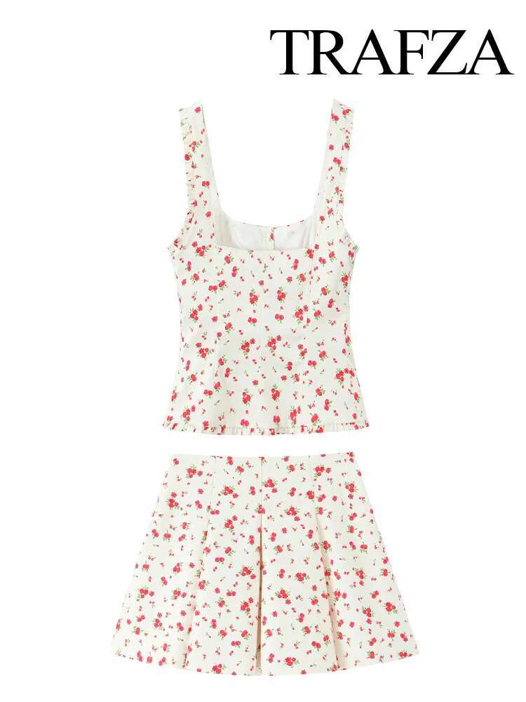 TRAFZA Female Elegant Wer Print Elastic Sleeveless Single-Breasted Decorate Top+Zipper A-E Pleated Mini Skirt 2 Piece Set