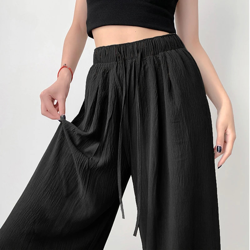 Back to School Summer Womens Fashion Thin Japanese Ice Silk Wide-Leg High-Waisted Straight Draped Anti-Wrinkle Casual Pants 250303