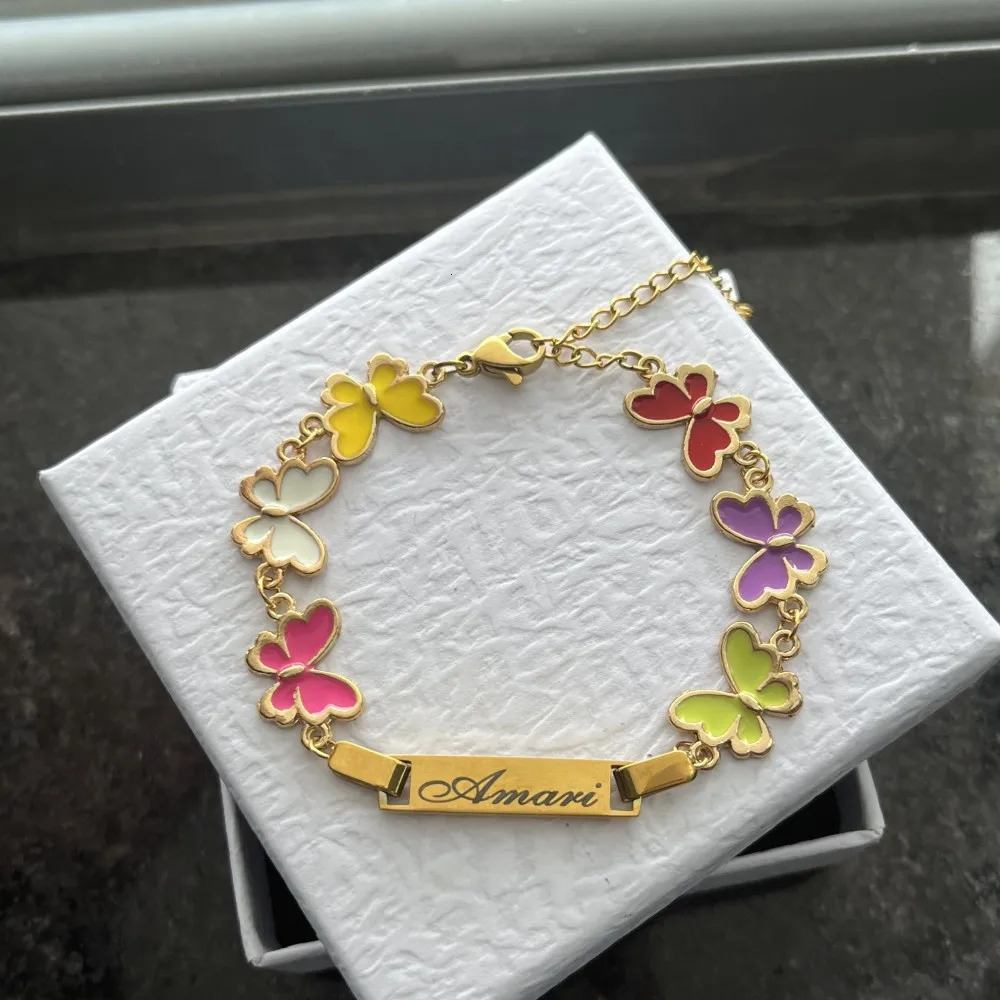 DUOYING Custom Nameplate Bracelet Butterfly Chain Personalized Enamel Colorful Charms Bangles For Kids Jewelry Gift 250304