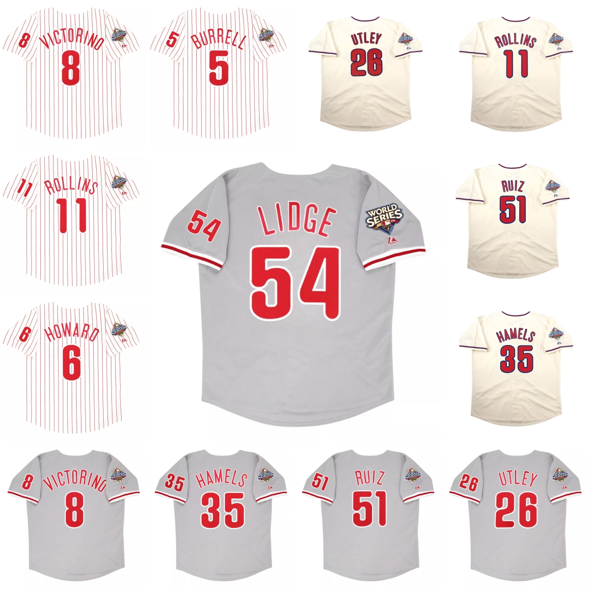 Retro Baseball Jersey Pat Burrell Ryan Howard Shane Victorino Jimmy Rollins Chase Utley Cole Hamels Carlos Ruiz Brad Lidge Chan Ho Park