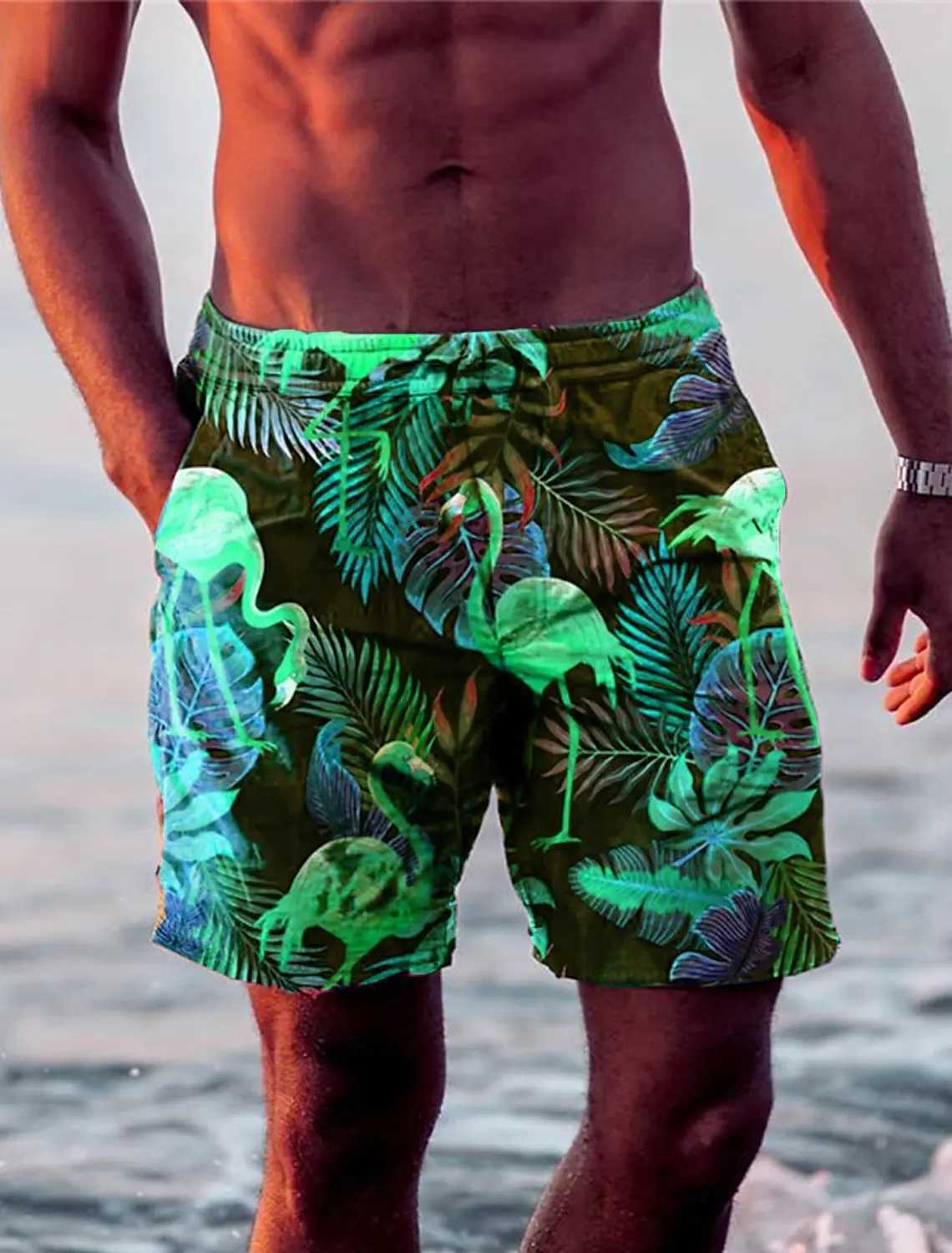 New Mens Shorts Swim Trunks Drawstring Leaf Flamingo Graphics Quick Dry Short Casual Holiday Hawaiian Micro-elasticT250304