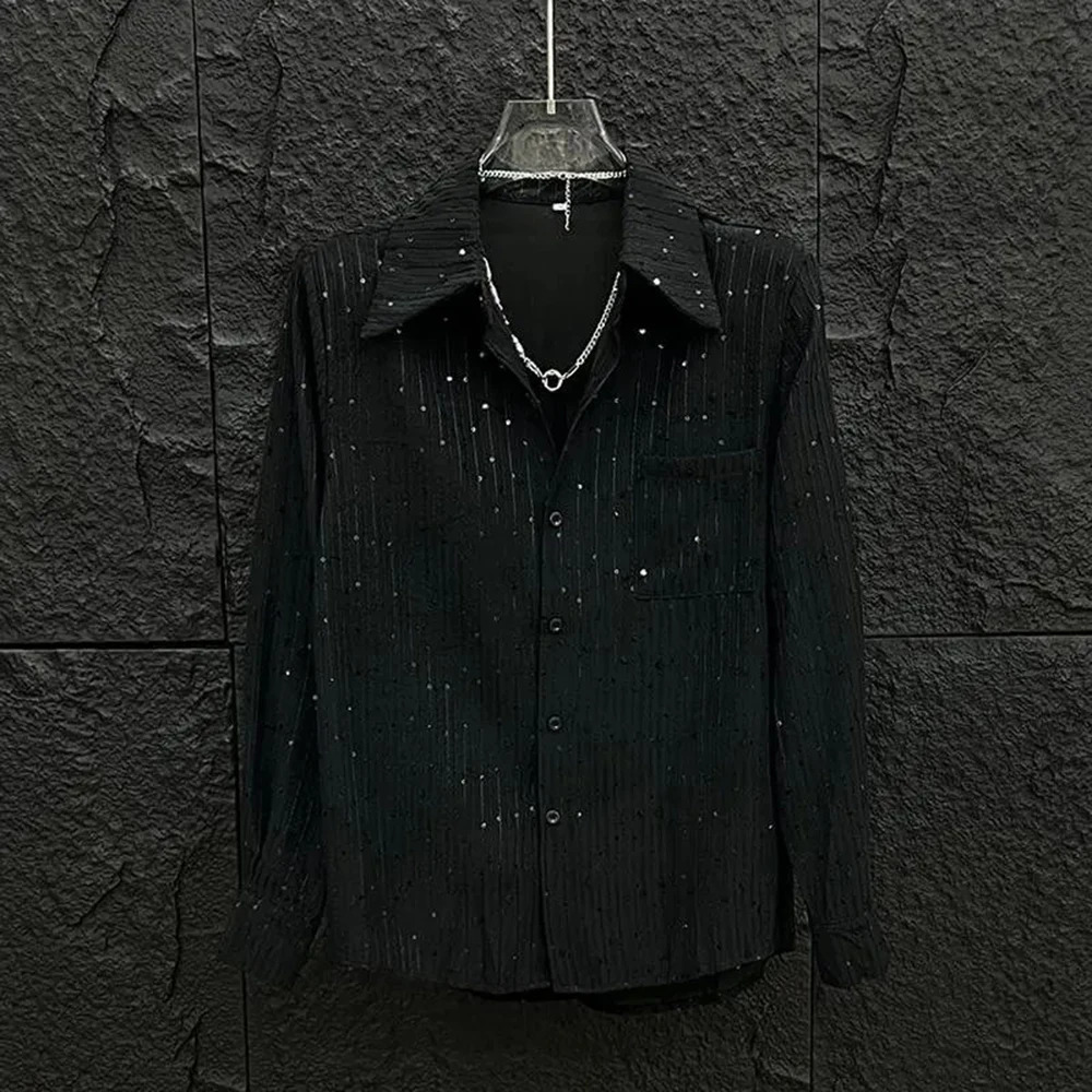 Summer Niche Glitter Loose Shirt Mens US Street Trend High End Shoulder Pads Y2k Long Sleeve Shirt 250227