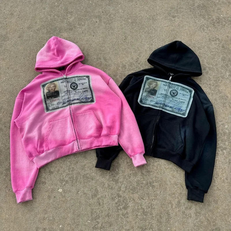 American Hip Hop Retro Printed Mens Hoodie Jacket Y2K Gothic Harajuku Street Zipper Hoodie Fashion Couple Oversized Sweater 250228
