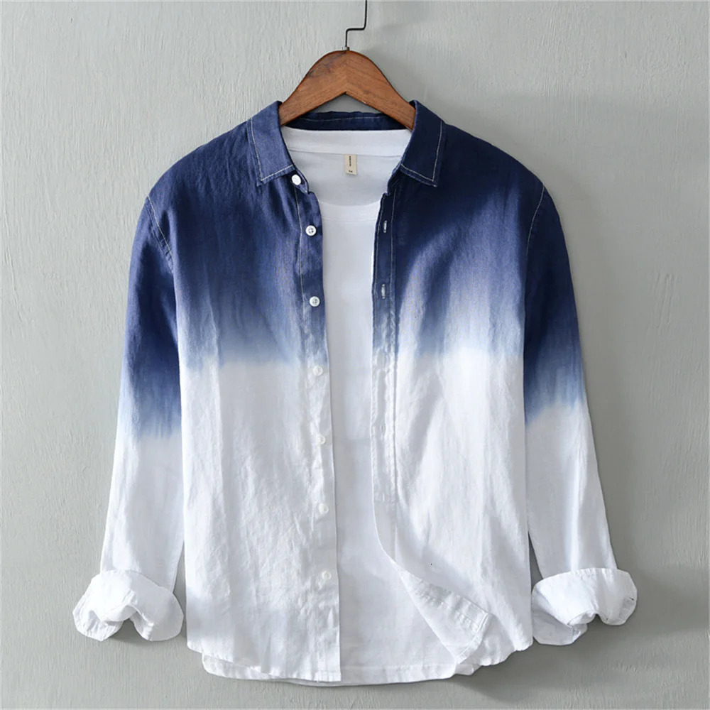 Mens linen casual comfortable long sleeved shirt fashion gradient trend mens oversized 250227