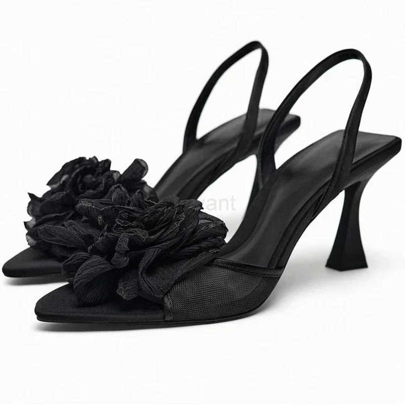 Mesh Flower Designer High H Wen 2025 New Open Toe Elegant Sandals Fem Black Designer Slingback Shoes Sandalias De Mujer Z250304