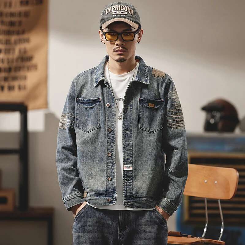 New Retro Denim Jacket Men Washed High Street Motorcycle Five Pointed Star Sticker Embroidery Casual Fashion Versatile Youth Top