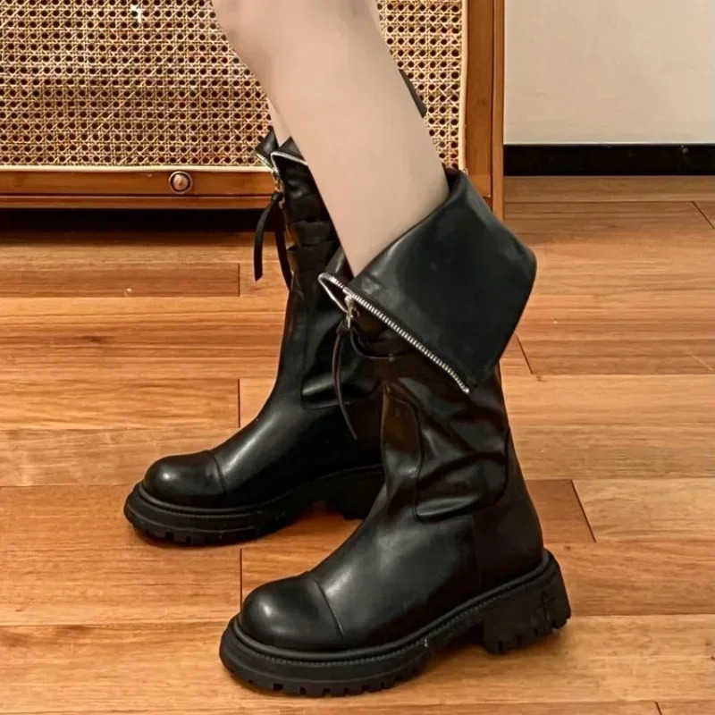 Wen Fion Metal Decor Motorcycle Boots Wen PU Leather Platform Ankle Boots Vintage Autumn Non Slip Belt Buckle Botas Mujer Z250304