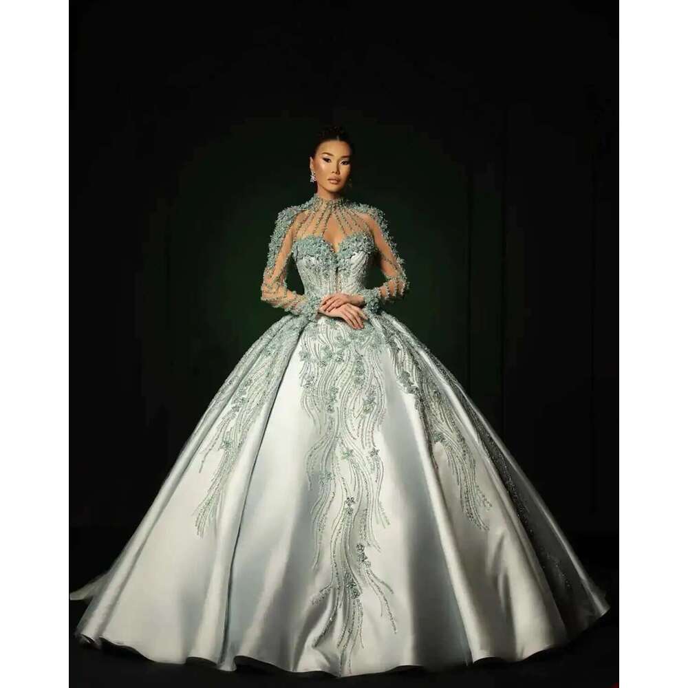 Add to List Custom Evening Dresses With Sequins Illusion Satin Sweep Train Zipper prom Ball Gown