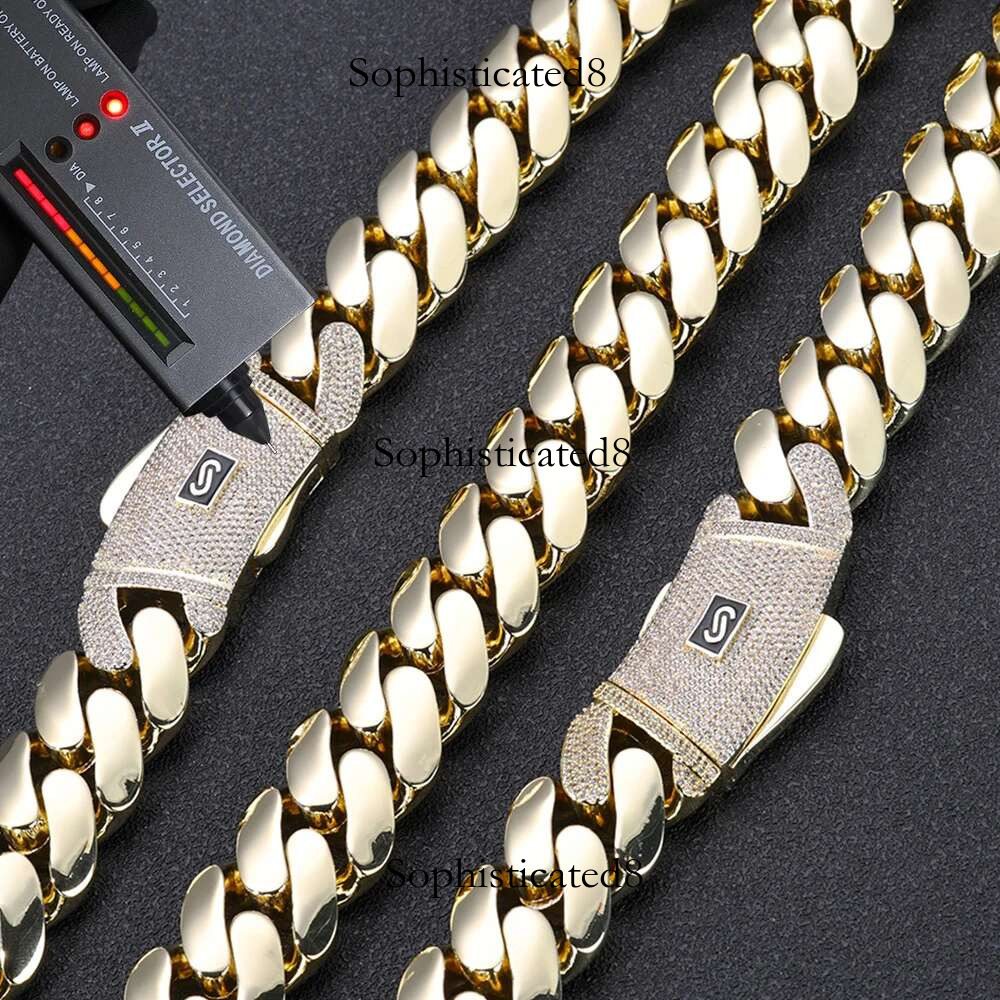 High Quality 14K Plated Monaco Sier k Necklace Iced Out VVS Moissanite Clasp Smooth Cuban Chain Jewelry