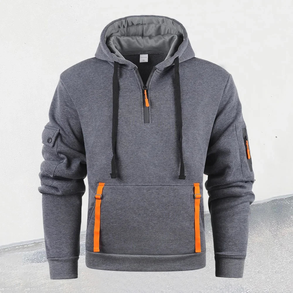 Mens Hooded Sweatshirts Half Zipper Streetwear Autumn Winter Solid Color Pullovers Long Sleeve Fashion Multipockets Tops 250304