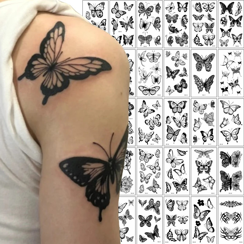 Black Butterfly Temporary Tattoo Stickers 30 piecesset 3D Transfer Waterproof Leg Arm Female Body 250219