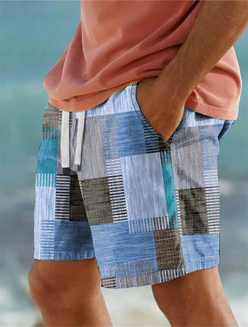 Mens Classic 3D Print Plaid Color Block Running Shorts Geometry Graphic Hawaiian Board Shorts Swim Trunks Holiday Beach PantsT250304