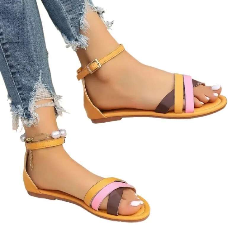 New 2025 Summer Flat Bottom Roman Strap Sandals with Non Slip Rubber Soles Fashion Women's Shoes 36-43