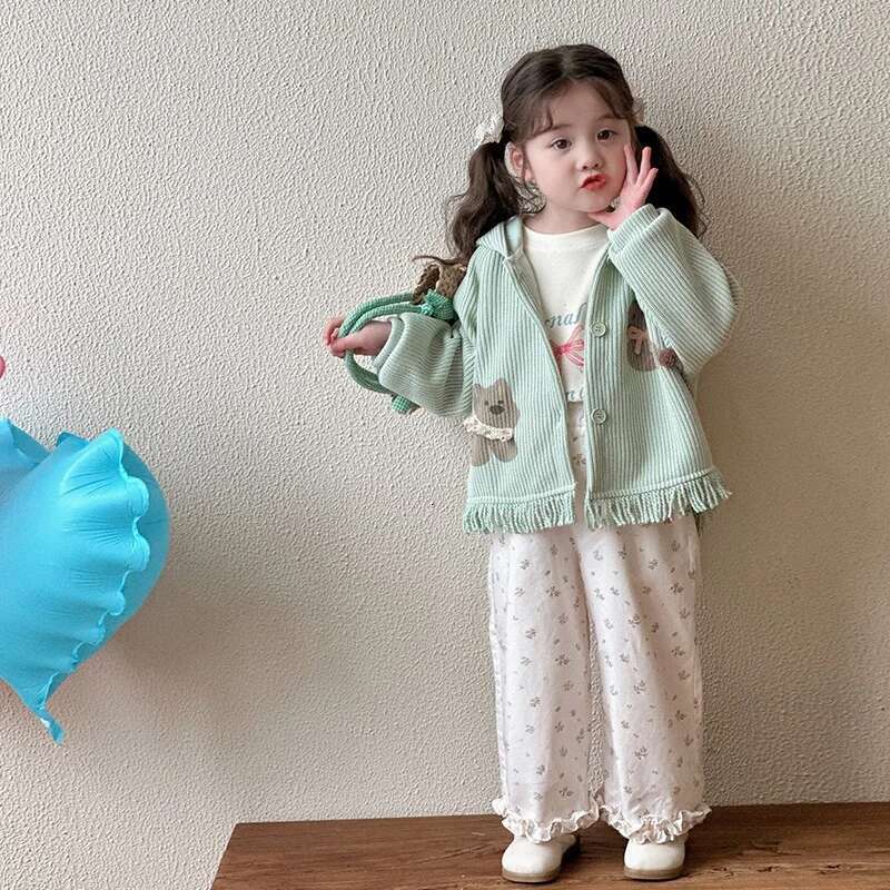 Ddmyshoesvip Children Spring Knitwear Cardigan Cotton Cartoon Tassel Hem Kid Coat Korean Long Sleeve Hooded Outerwear For 1-6Y Girl