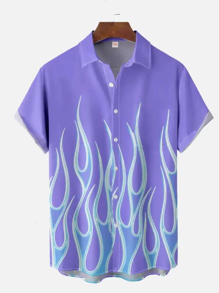 New 3D Flame Printed Hawaiian Casual Original Designer Short Sleeved Shirt For Fashionable Beach Vacation Men's Summer Button Up Shirt Beach Wear