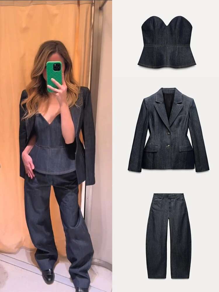 Casual Denim 3 Pieces Blazer Jacket Sets Women 2025 Spring Notched Suitss Coat Street Vest Wide Leg Pants Lady Suits